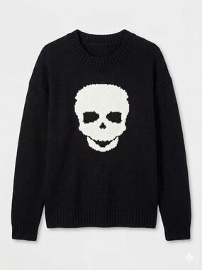Y2K Unisex Black Crewneck Sweater with White Skull Design Grunge Goth Alt Baggy